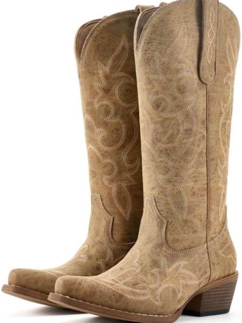🆕Women's Camel Western Cowgirl Boots Mid Calf Chunky Heel Embroidery